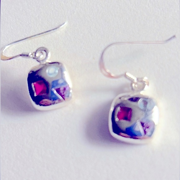 NWOT .925 Sterling Silver Modernist earrings Garnet, Amethyst, Blue Topaz inlaid - Picture 4 of 8